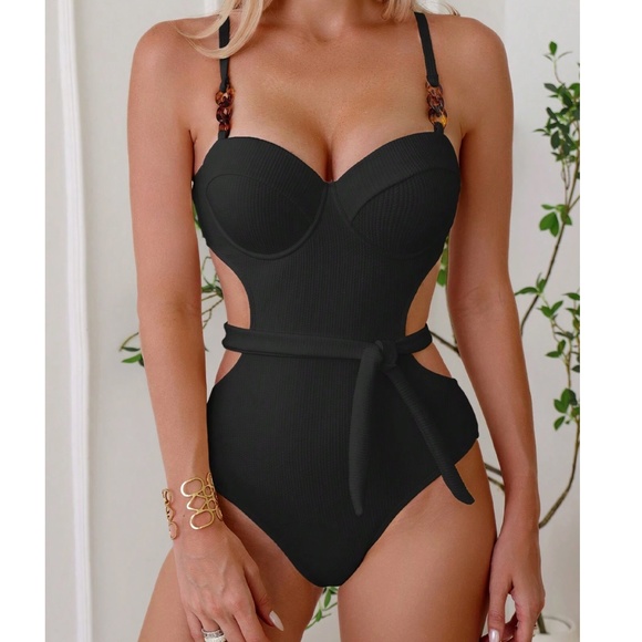 Black Cut out Tie Back Push Up One Piece Monokini Swim - Picture 4 of 6